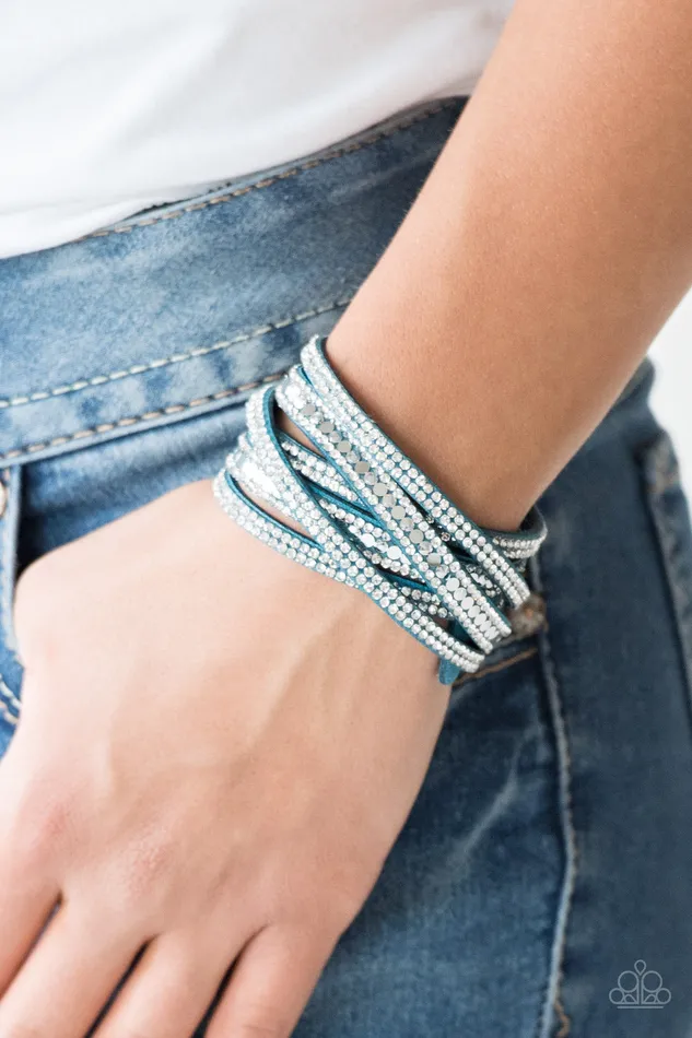 Rock Star Attitude Blue Suede Silver Rhinestone Double Wrap Bracelet Paparazzi Paparazzi Accessories Bracelets