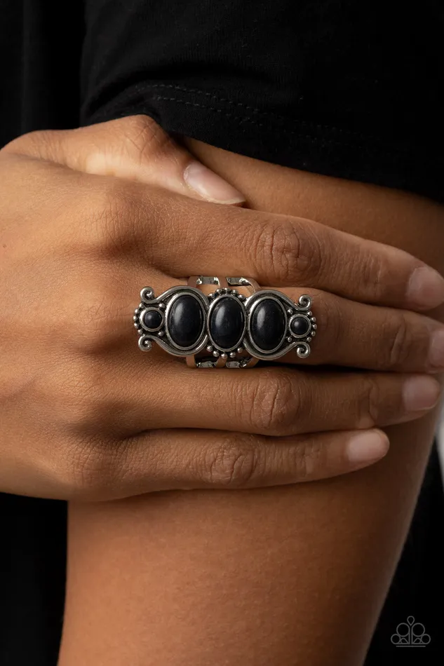Roswell Relic Black Stone Trio Stacked Silver Ring Paparazzi Paparazzi Accessories Rings