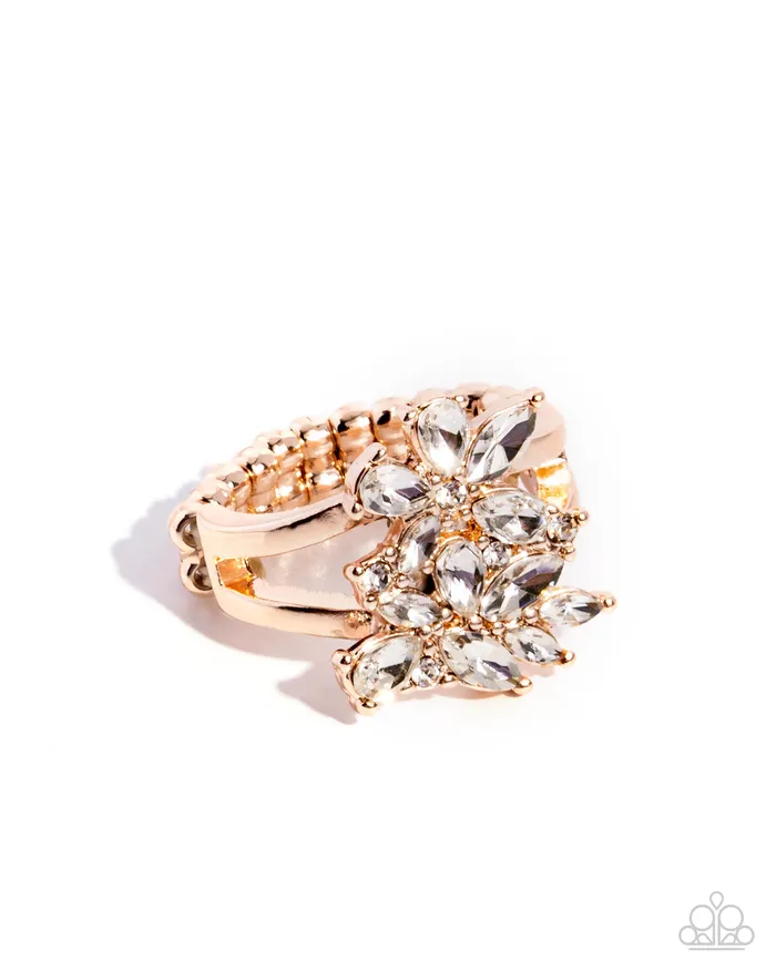 Roundabout Refinement Rose Gold White Rhinestone Flower Ring Paparazzi Paparazzi Accessories Rings Roundabout Refinement Rose Gold White Rhinestone Flower Ring Paparazzi Paparazzi Accessories Rings