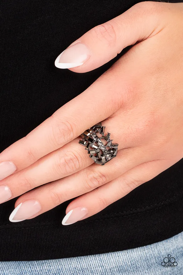 Scattered Sensation Black Gunmetal Hematite Rhinestone Ring Paparazzi Paparazzi Accessories Rings