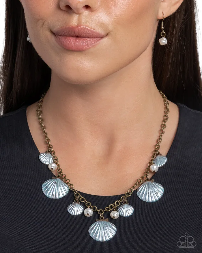Seashell Sophistication Brass White Pearl Blue Shell Short Necklace Paparazzi Paparazzi Accessories Necklaces