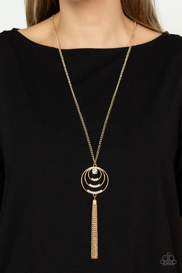 Spiraling Sparkle Gold Circle White Rhinestone Pendant Necklace Paparazzi Paparazzi Accessories Necklaces