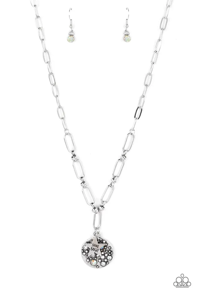 Stardust Saucer White and Iridescent Rhinestone Star Shine Bright Stamped Necklace Paparazzi Paparazzi Accessories Necklaces Stardust Saucer White and Iridescent Rhinestone Star Shine Bright Stamped Necklace Paparazzi Paparazzi Accessories Necklaces