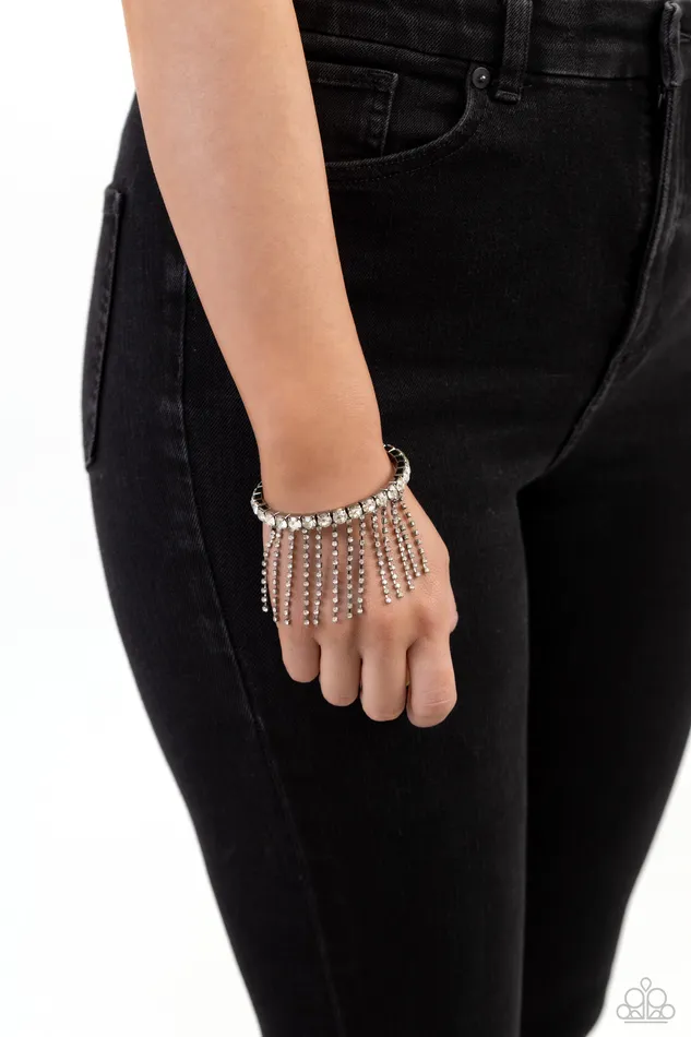 Stardust Shower Black Gunmetal White Rhinestone Fringe Flexi Cuff Bracelet Paparazzi Paparazzi Accessories Bracelets