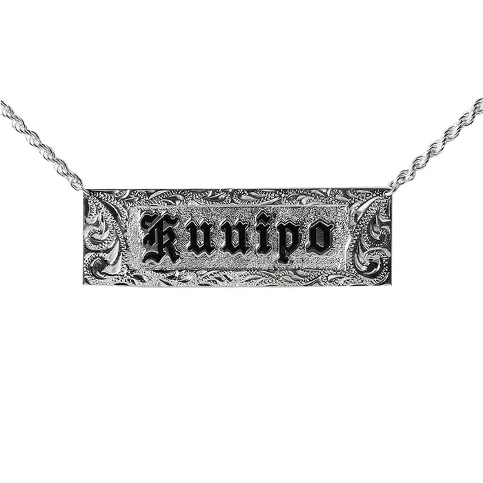 Sterling Silver CustomMade ID Necklace Black Raise Letter with Scroll Engraving 20mm Nakoa Necklaces Sterling Silver CustomMade ID Necklace Black Raise Letter with Scroll Engraving 20mm Nakoa Necklaces