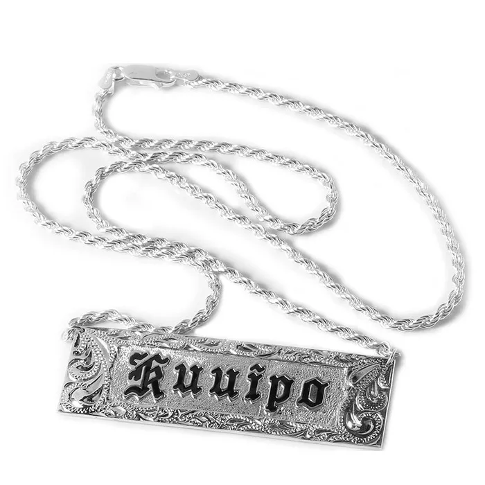 Sterling Silver CustomMade ID Necklace Black Raise Letter with Scroll Engraving 20mm Nakoa Necklaces