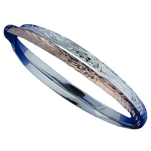 Sterling Silver Hawaiian Bangle 2 in 1 Heirloom Scroll Engraving Bangle Two Tone Pink Gold Nakoa Rings Sterling Silver Hawaiian Bangle 2 in 1 Heirloom Scroll Engraving Bangle Two Tone Pink Gold Nakoa Rings