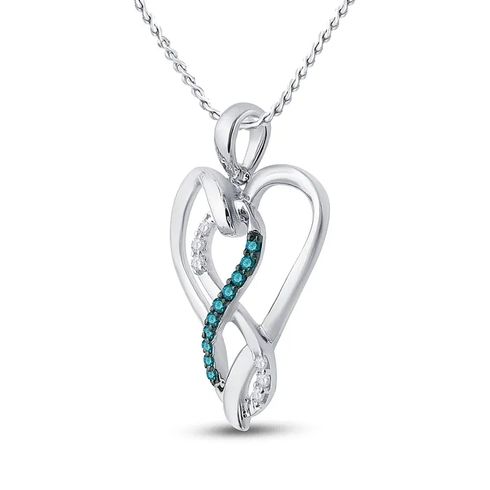 Sterling Silver Infinity Heart Pendant 110 Cttw Round Blue Color Treated Diamond Womens 128 grams GND Necklaces