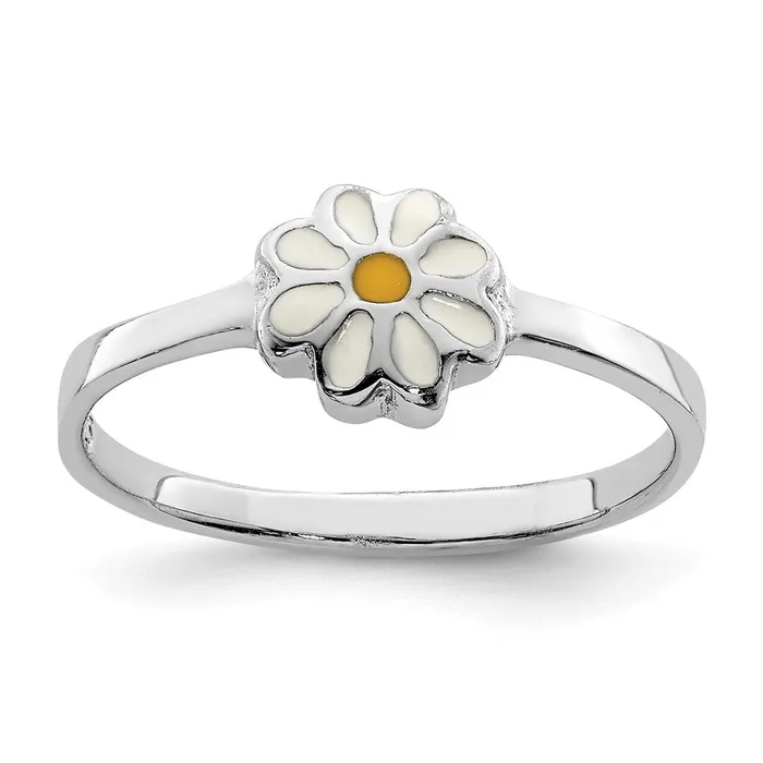 Sterling Silver RHplated White Yellow Enameled Daisy Childrens Ring 11 grams Qgold Rings