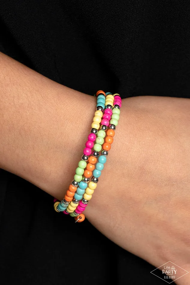 Stone Paradise Multi Colored Stone Bead Silver Accent Coil Bracelet Paparazzi Paparazzi Accessories Bracelets