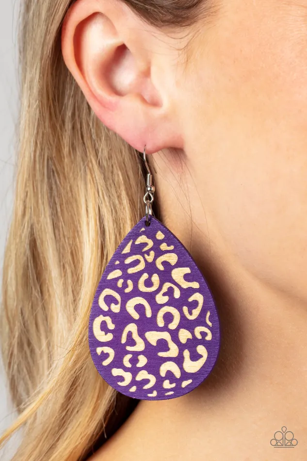 Suburban Jungle Purple Wooden Teardrop Animal Print Earrings Paparazzi Paparazzi Accessories Earrings
