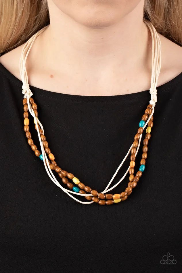 Summer Odyssey Multi Blue Yellow Brown Wooden Bead Cord Necklace Paparazzi Paparazzi Accessories Necklaces