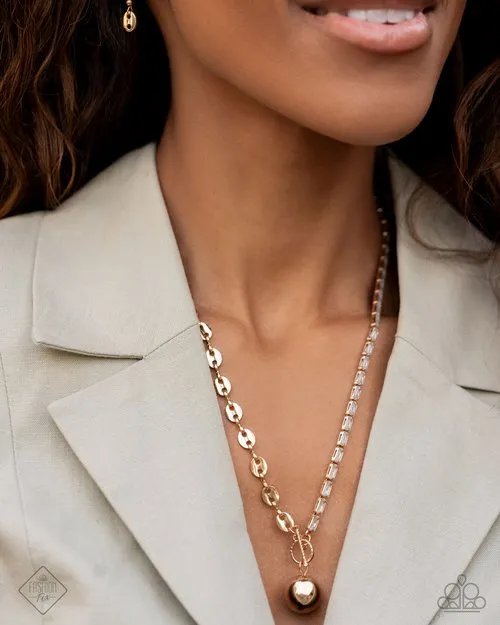 Tailored Token Gold Sphere White Gem Toggle Short Necklace Paparazzi Fashion Fix December 2024 Paparazzi Accessories Necklaces