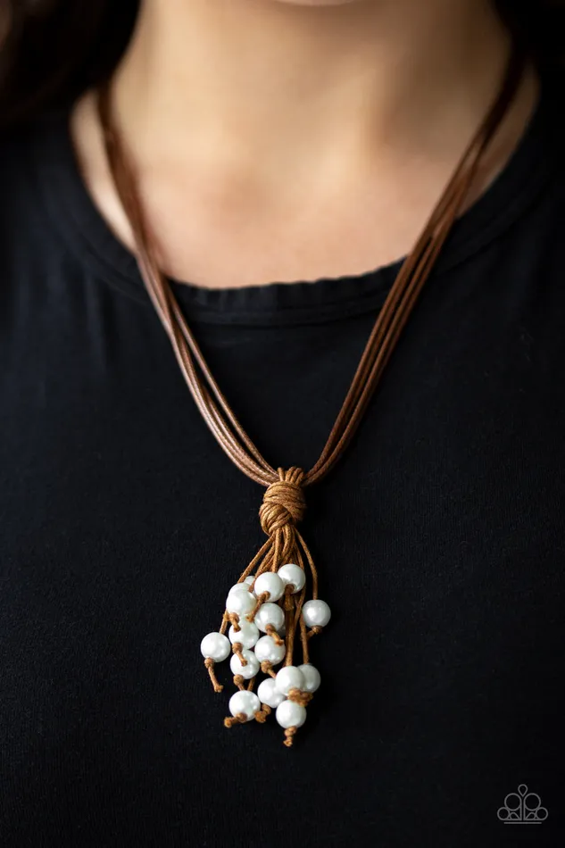 Tassel Trek White Pearl Brown Cording Necklace Paparazzi Paparazzi Accessories Necklaces