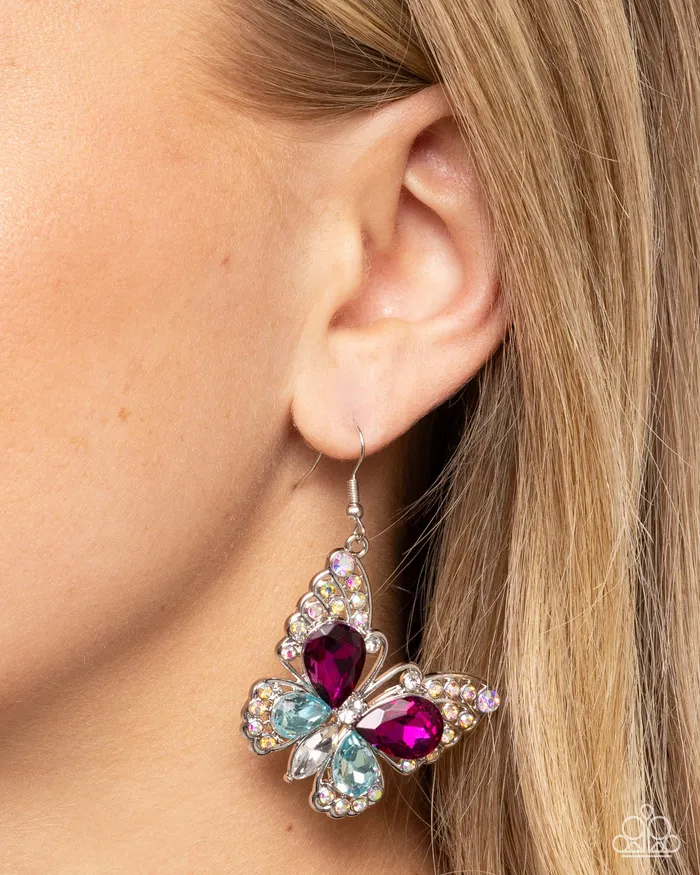 Teardrop Takeoff Multi Pink and Blue Gem Silver Butterfly Earrings Paparazzi Paparazzi Accessories Earrings