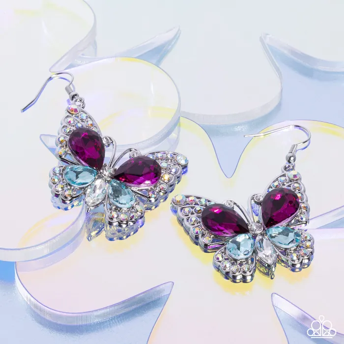 Teardrop Takeoff Multi Pink and Blue Gem Silver Butterfly Earrings Paparazzi Paparazzi Accessories Earrings