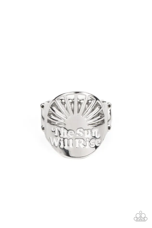 The Dawn After Tomorrow White Painted Stamped The Sun Will Rise Silver Ring Paparazzi Paparazzi Accessories Rings The Dawn After Tomorrow White Painted Stamped The Sun Will Rise Silver Ring Paparazzi Paparazzi Accessories Rings