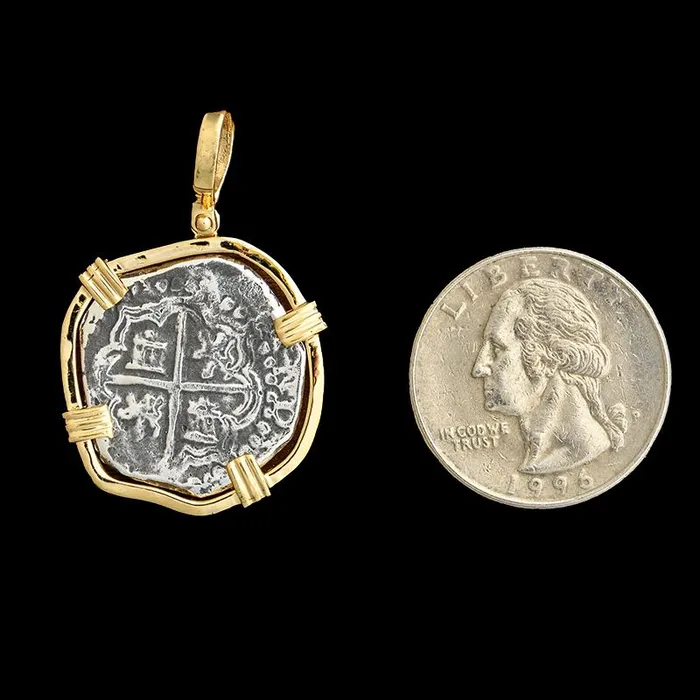 The Treasure Shoppe Atocha Jewelry Medium Pieces of 8 Silver Coin Pendant w14K Gold Frame Necklaces The Treasure Shoppe Atocha Jewelry Medium Pieces of 8 Silver Coin Pendant w14K Gold Frame Necklaces