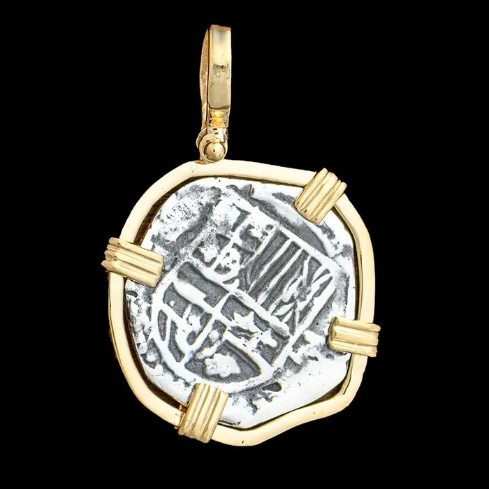 The Treasure Shoppe Atocha Jewelry Medium Pieces of 8 Silver Coin Pendant w14K Gold Frame Necklaces The Treasure Shoppe Atocha Jewelry Medium Pieces of 8 Silver Coin Pendant w14K Gold Frame Necklaces