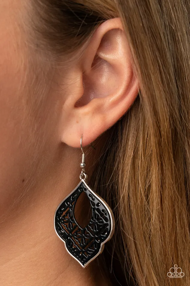 Thessaly Terrace Black Floral Silver Earrings Paparazzi Paparazzi Accessories Earrings