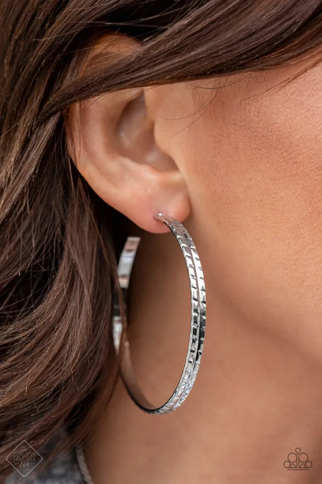TREAD All About It Silver Rhinestone Hoop Earrings Paparazzi Fashion Fix Exclusive February 2021 Paparazzi Accessories Earrings