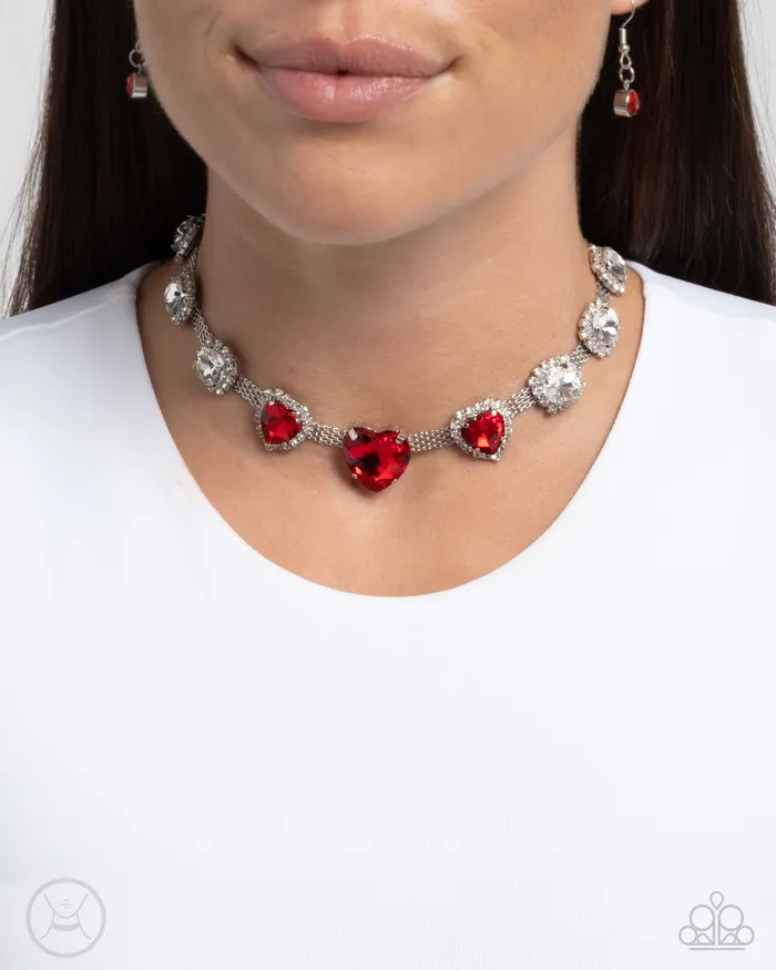 Valentines Vibe Red Heart Gem White Rhinestone Silver Choker Necklace Paparazzi Paparazzi Accessories Necklaces