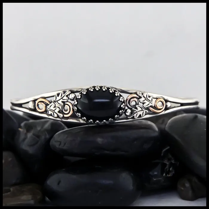 Walker Metalsmiths Oak Leaf Cuff Bracelet with Onyx Bracelets