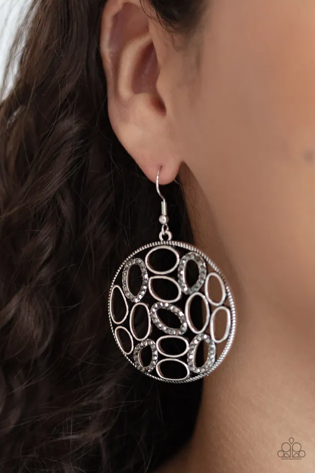 Watch OVAL Me Silver Hematite Rhinestone Circle Earrings Paparazzi Paparazzi Accessories Earrings