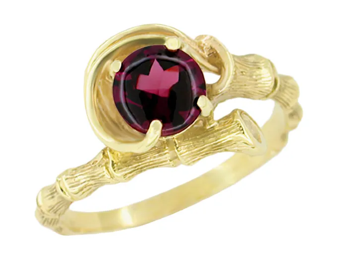 Yellow Gold 1970s Rhodolite Garnet Cabochon Bamboo Bypass Ring Antique Jewelry Mall Rings Yellow Gold 1970s Rhodolite Garnet Cabochon Bamboo Bypass Ring Antique Jewelry Mall Rings